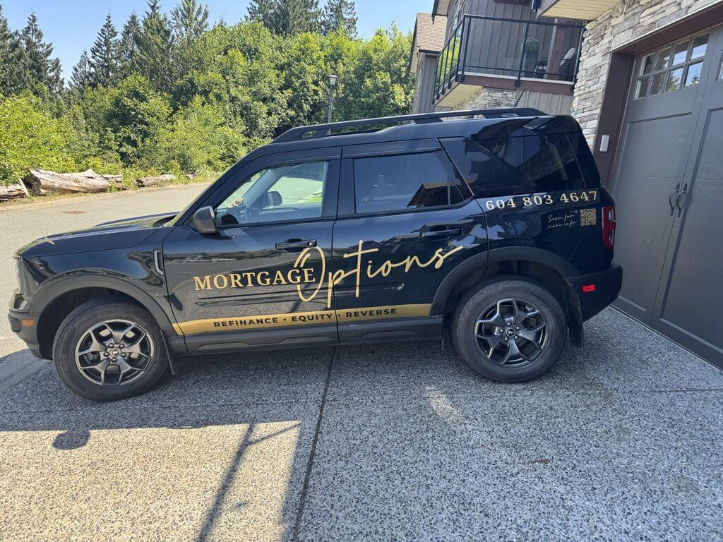 Black SUV with "Mortgage Options" branding.
